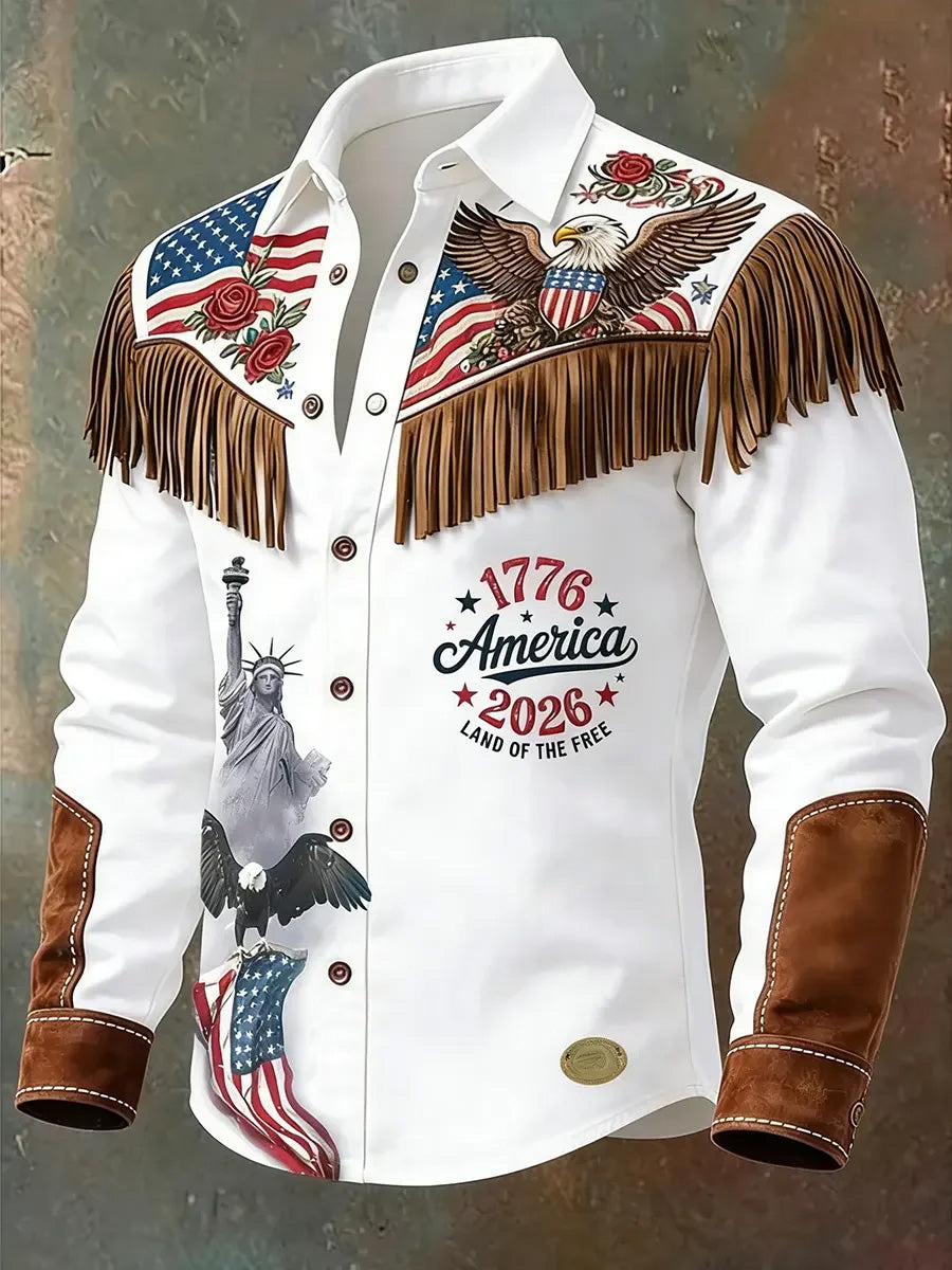 Men's Retro Western Style US 250th Anniversary Print Vintage Tassel Casual Long Sleeve Shirt